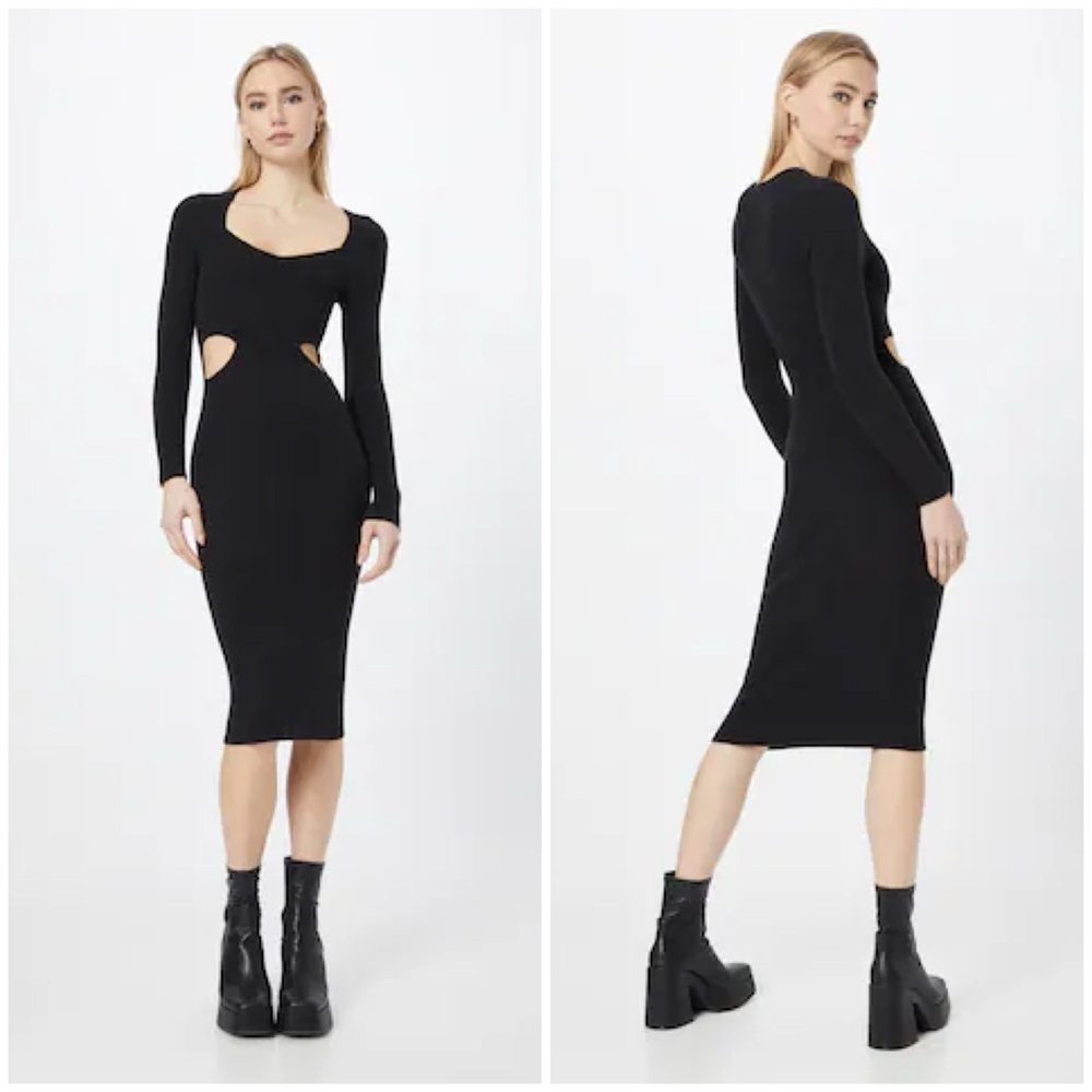 Abercrombie & Fitch Knit Ribbed Side Cutout Midi Dress Black Long Sleeve Sz XS